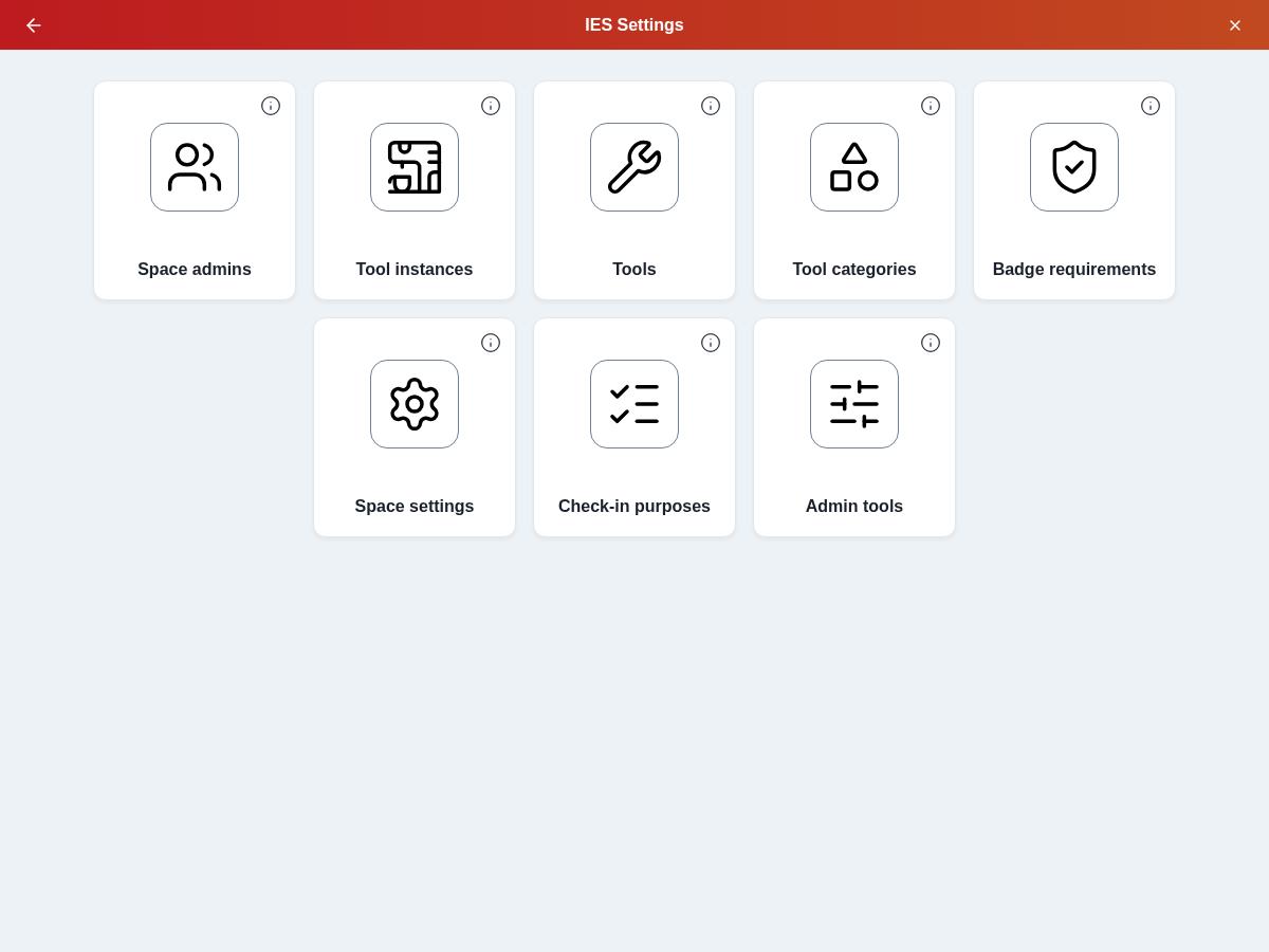 Space navigation with tool instances, categories, check-in purposes, and settings