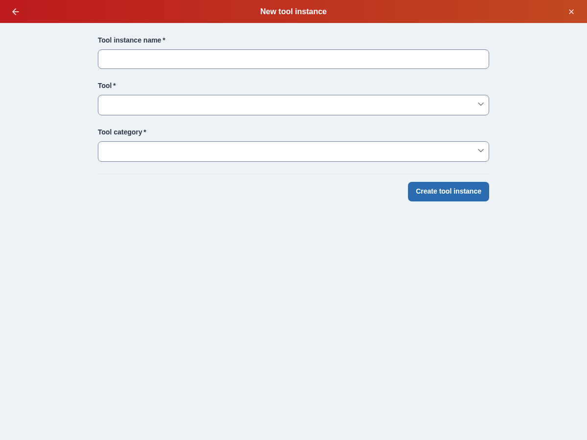 Create tool instance form with name, shared tool, and category