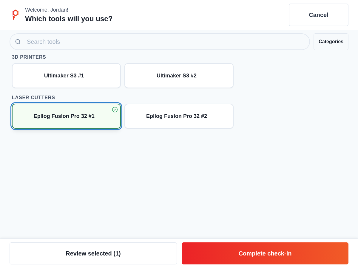 Tool selection with a laser cutter selected and Complete check-in available