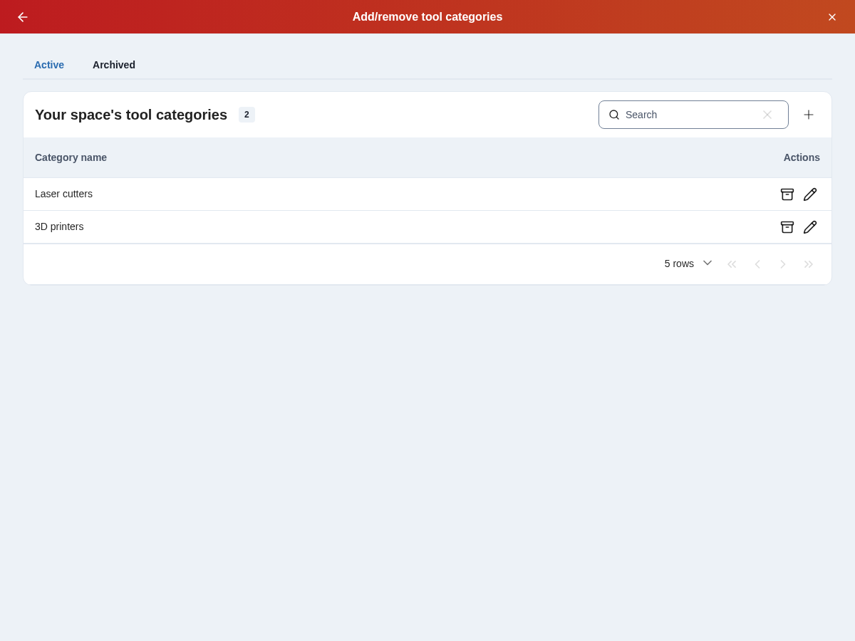 Tool categories with Active and Archived tabs and row actions